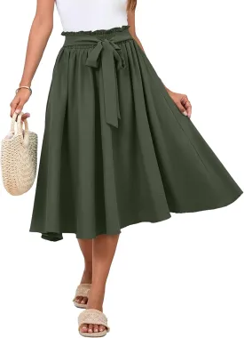 Women's Elastic High Waist Pleated A-Line Midi Skirts with Adjustable Tie Belt Side Pockets