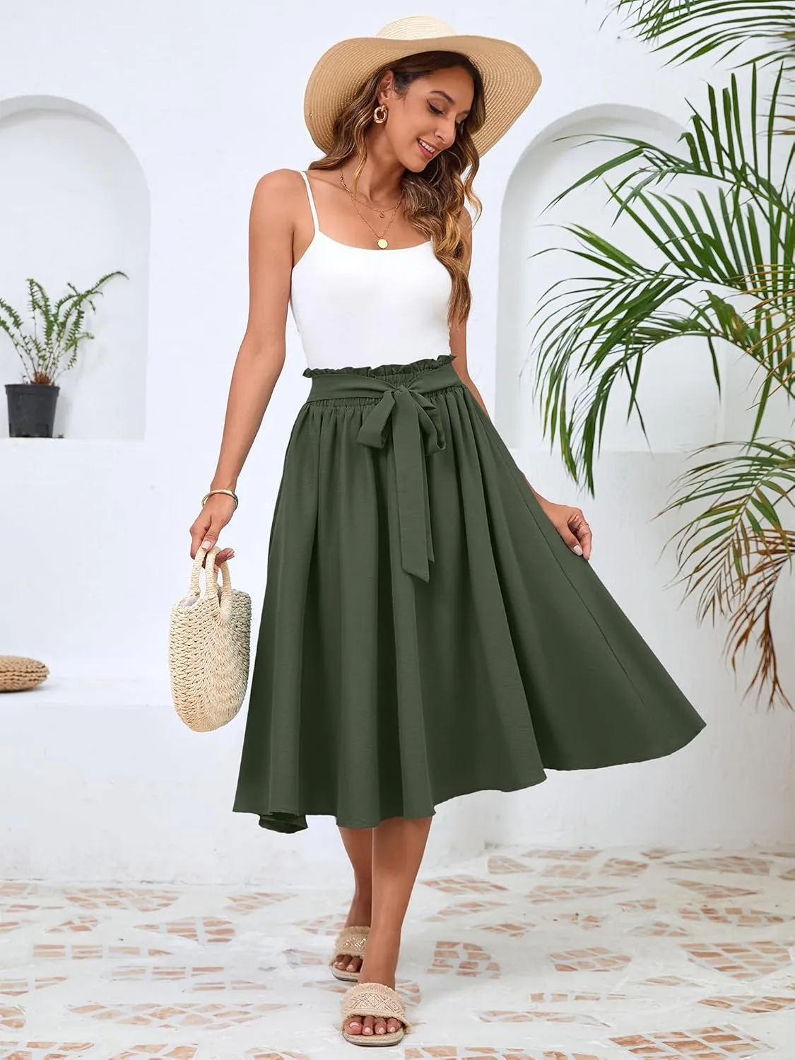 Women's Elastic High Waist Pleated A-Line Midi Skirts with Adjustable Tie Belt Side Pockets