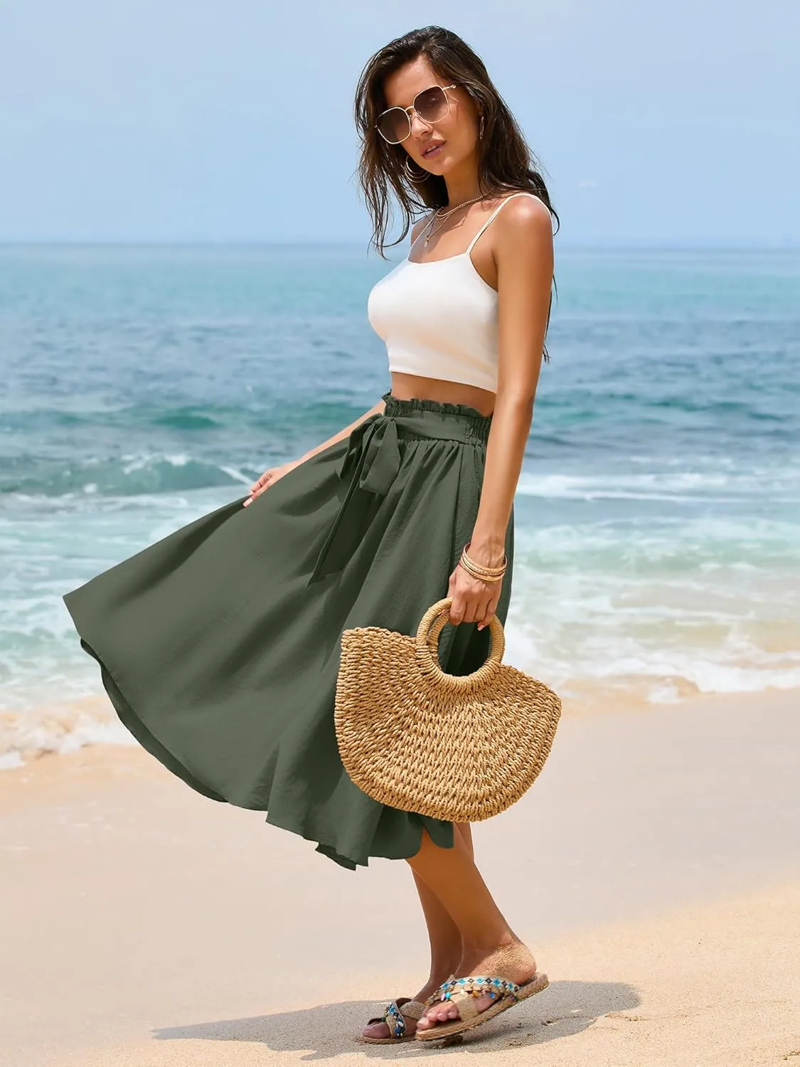 Women's Elastic High Waist Pleated A-Line Midi Skirts with Adjustable Tie Belt Side Pockets