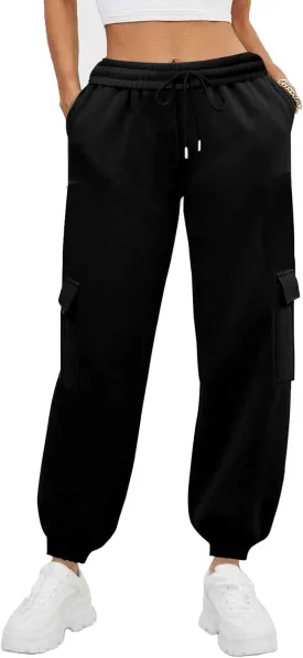 Women's Fleece Cargo Sweatpants Y2k Comfy Casual Baggy Sweat Pants Warm High Waist Workout Jogger Pants with Pockets