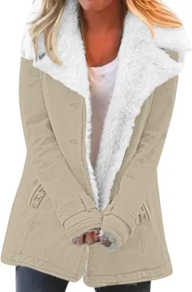 Womens Fleece Winter Jackets Plush Lapel Button Slim Fuzzy Jackets Plus Size Warm Furry Blazer Faux Fur Sherpa Coat