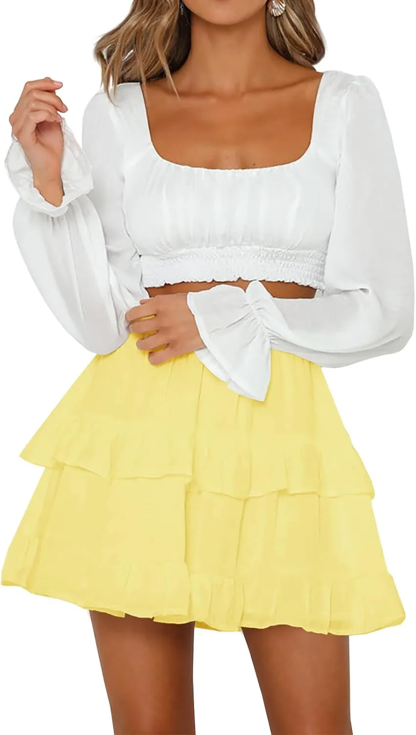 Women's Pleated Ruffles Flared Skirt Casual Boho Tiered Flowy Basic Casual High Waisted Mini Skater Skirts