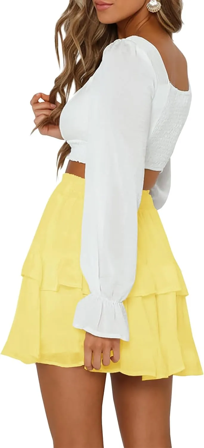Women's Pleated Ruffles Flared Skirt Casual Boho Tiered Flowy Basic Casual High Waisted Mini Skater Skirts
