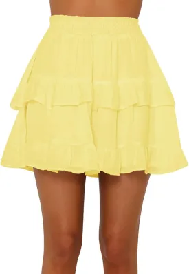 Women's Pleated Ruffles Flared Skirt Casual Boho Tiered Flowy Basic Casual High Waisted Mini Skater Skirts