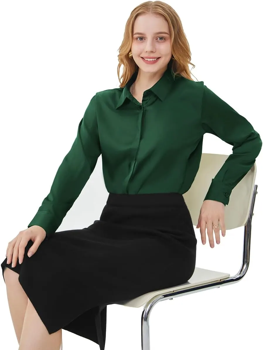 Women's Satin Blouse Fashion Long Sleeve Satin Silk Shirt Work Office Top Casual Shirt
