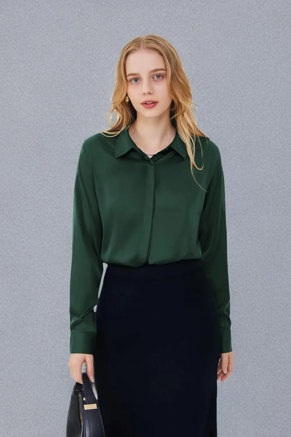Women's Satin Blouse Fashion Long Sleeve Satin Silk Shirt Work Office Top Casual Shirt