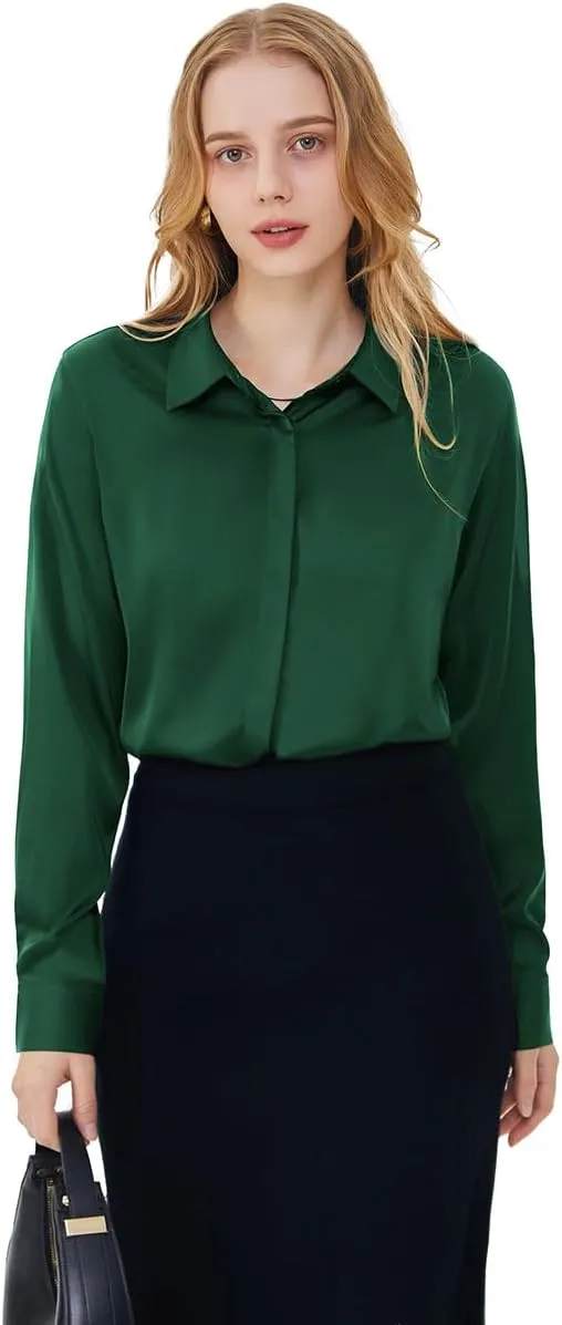 Women's Satin Blouse Fashion Long Sleeve Satin Silk Shirt Work Office Top Casual Shirt