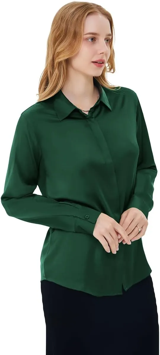 Women's Satin Blouse Fashion Long Sleeve Satin Silk Shirt Work Office Top Casual Shirt