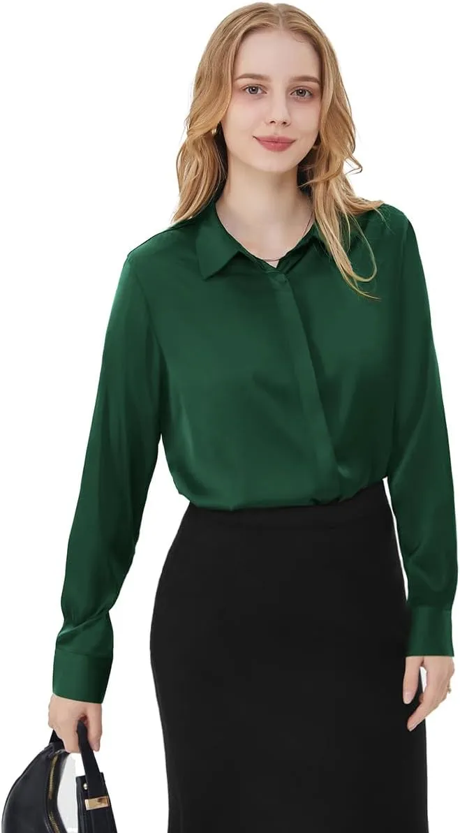Women's Satin Blouse Fashion Long Sleeve Satin Silk Shirt Work Office Top Casual Shirt