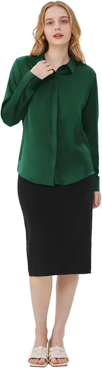 Women's Satin Blouse Fashion Long Sleeve Satin Silk Shirt Work Office Top Casual Shirt