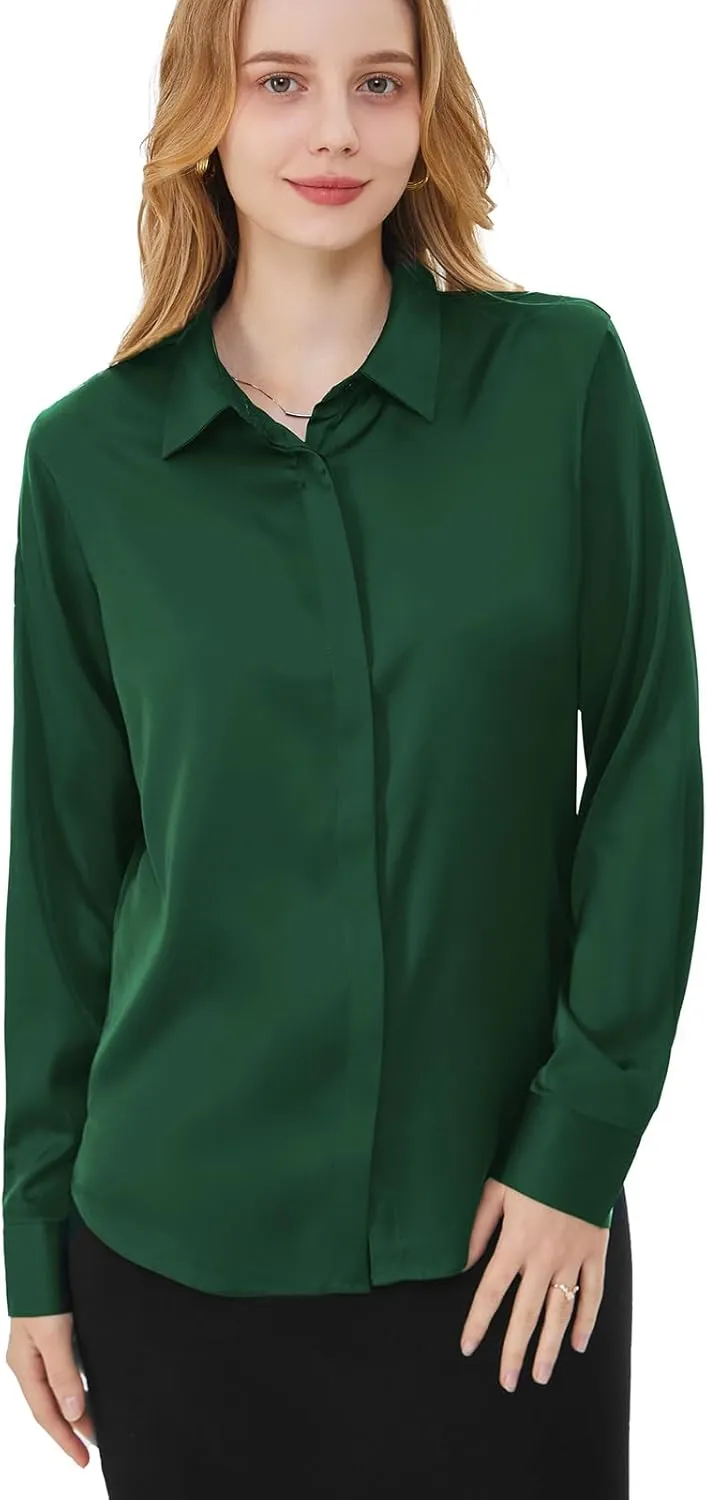 Women's Satin Blouse Fashion Long Sleeve Satin Silk Shirt Work Office Top Casual Shirt