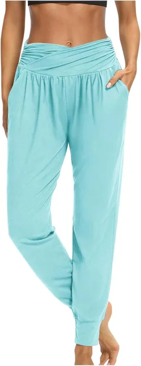 Women's Solid Color Jogger Pants Lightweight Elastic Waisted Pleated Pants with Pocket Running Casual Outdoor Pants