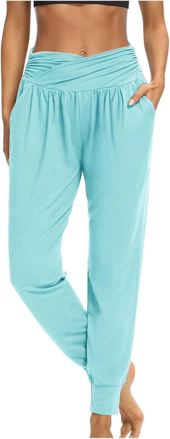 Women's Solid Color Jogger Pants Lightweight Elastic Waisted Pleated Pants with Pocket Running Casual Outdoor Pants