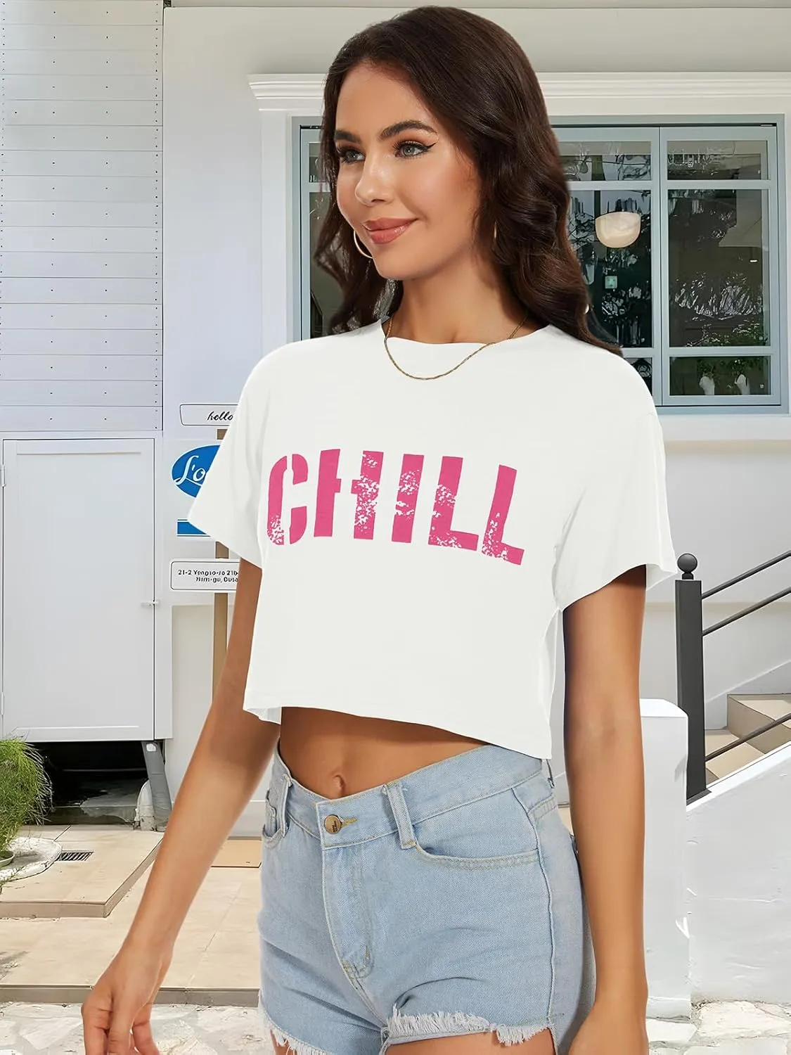 Womens Summer Crop Tops Short Sleeve Round Neck T-Shirts Loose Fit Casual Blouse