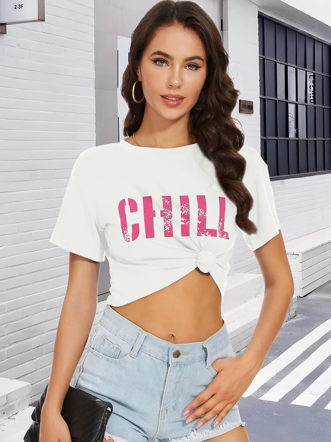 Womens Summer Crop Tops Short Sleeve Round Neck T-Shirts Loose Fit Casual Blouse