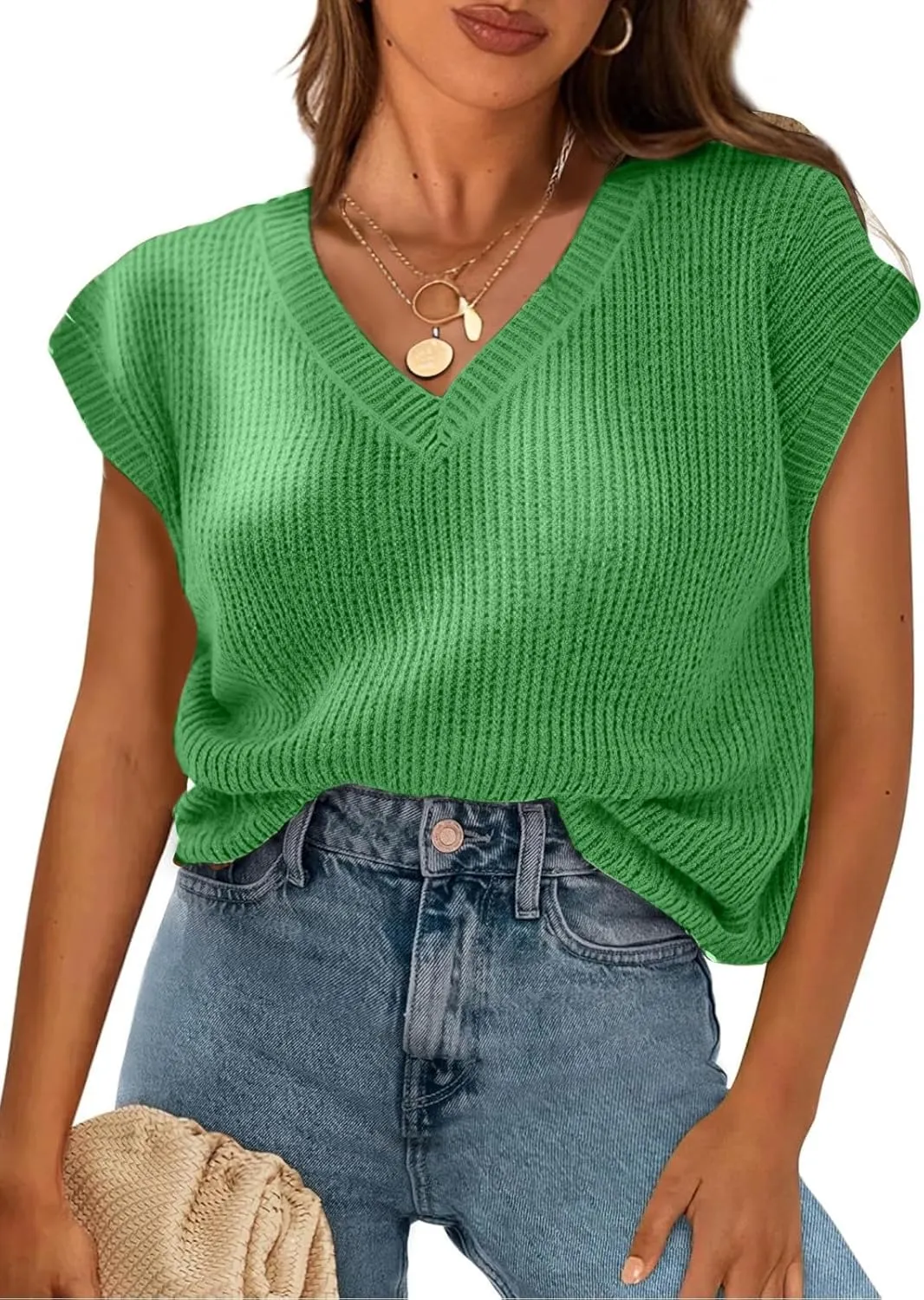 Womens Summer Tops Trendy 2025 Sweater Vest Women Knit Tank Tops V Neck Cap Sleeve Loose Shirts Vacation Casual Outfits