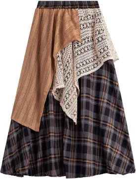 Women's Vintage Plaid Midi Skirt Casual Stretchy A-line High Waist Skirt