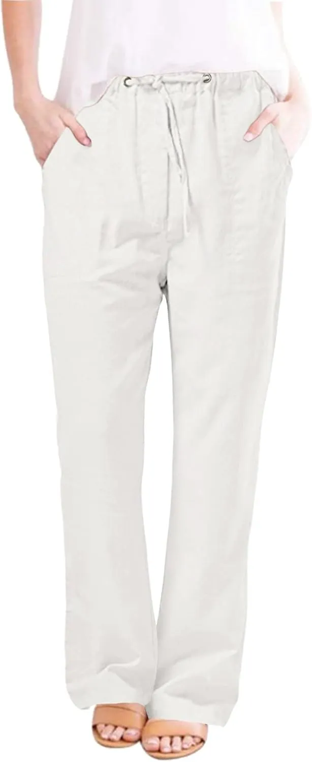 Women's Wide Leg Trousers Fashion Casual Cotton Hemp Drawstring Solid Color Beach Trousers Pants Dress