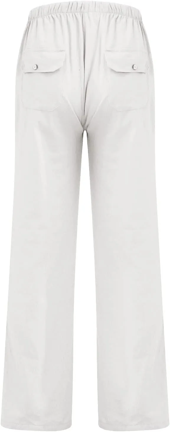 Women's Wide Leg Trousers Fashion Casual Cotton Hemp Drawstring Solid Color Beach Trousers Pants Dress